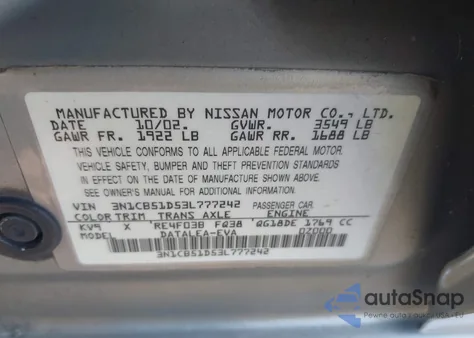 2003 Nissan Sentra Xe z USA, uszkodzony, nr VIN 3N1CB51D53L777242